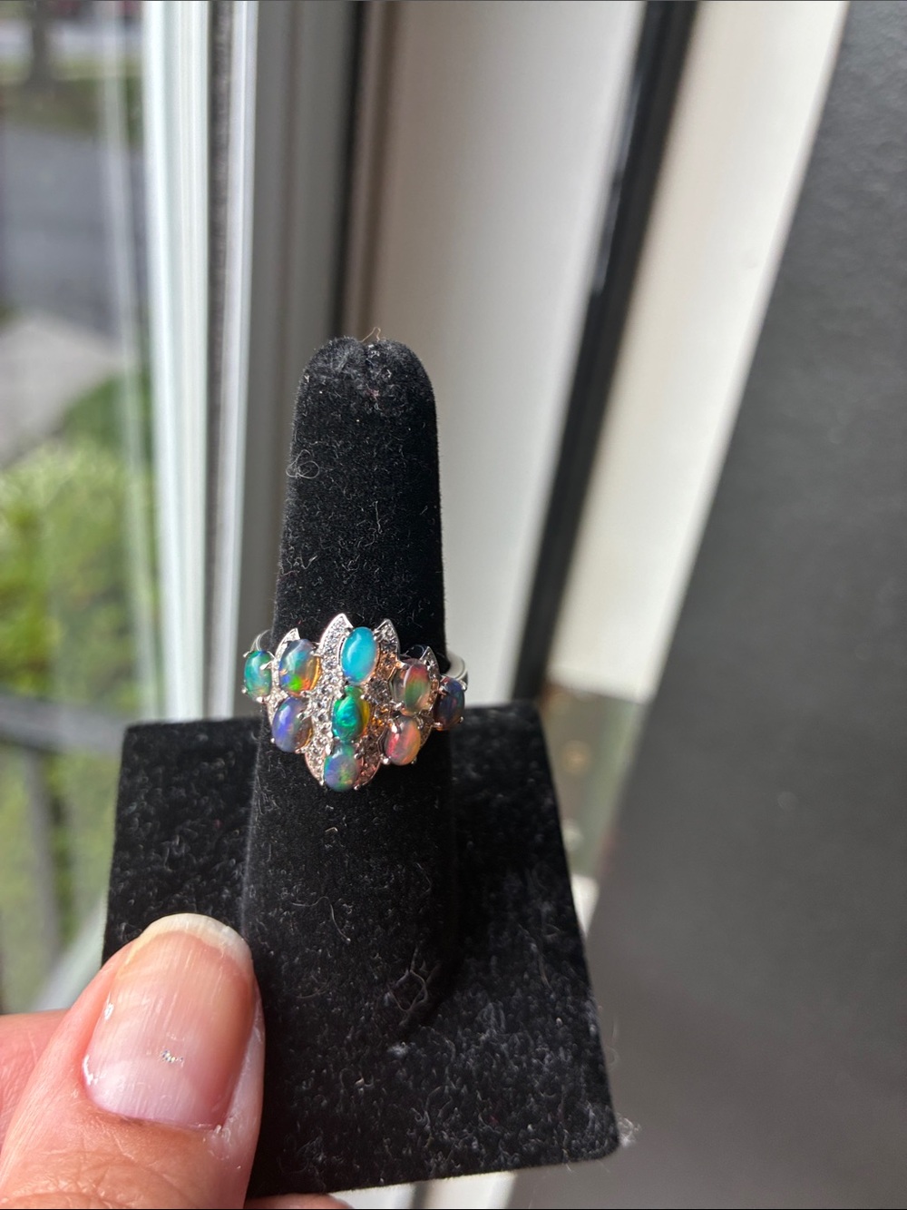 Sterling Silver Black Fire Opal Cluster Ring in Green-Blue Fire - Picture 2 of 9